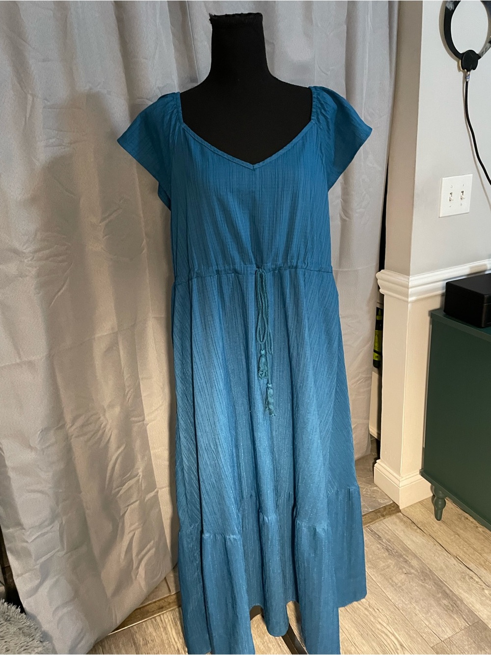 BloomChic Teal V-Neck Maxi Dress with Drawstring